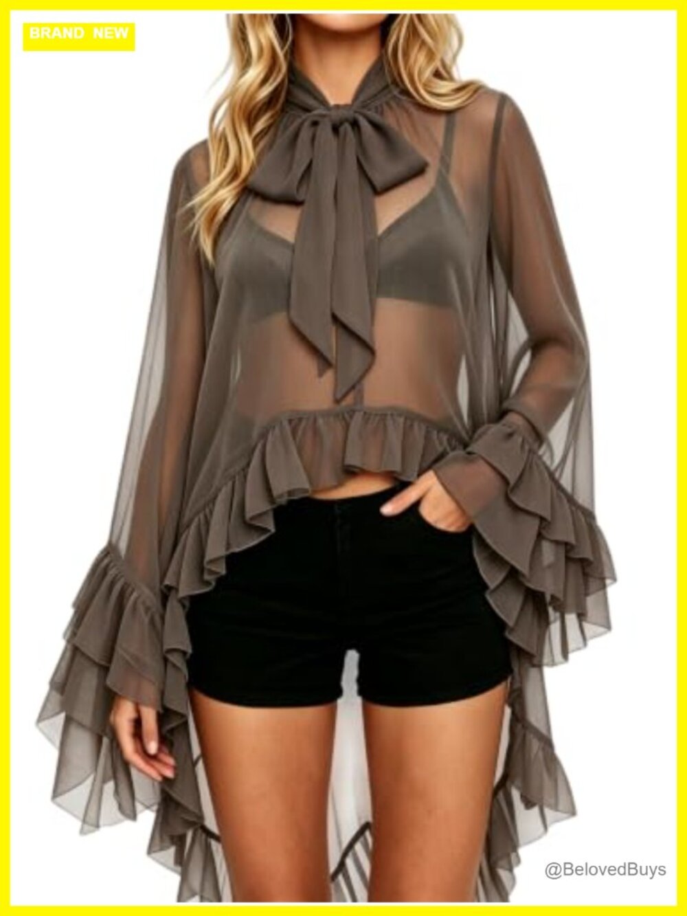 Women Sheer Chiffon Bell Sleeve Blouse Loose Fit V-Neck Frill Top